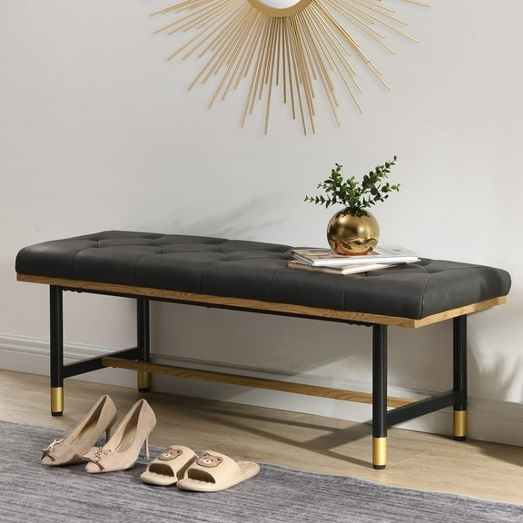 Shoe Bench Entryway, End of Bed Bench, Bench for Bedroom End of Bed, Modern Faux Leather Bench for Living Room, Entryway Bench Seat, Padded Bench with Solid Metal Shelf Gold, Grey