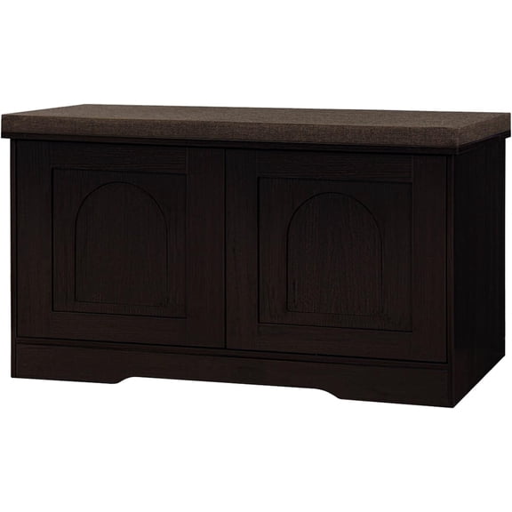 Shoe Bench, Entryway Storage Bench with Doors, Cushion, 2-Tier Shoe Rack with 6-Cubby, 31.5”L x 13.8”W Shoe Organizer Cabinet, Adjustable Shelf, Living Room, Bedroom, Espresso