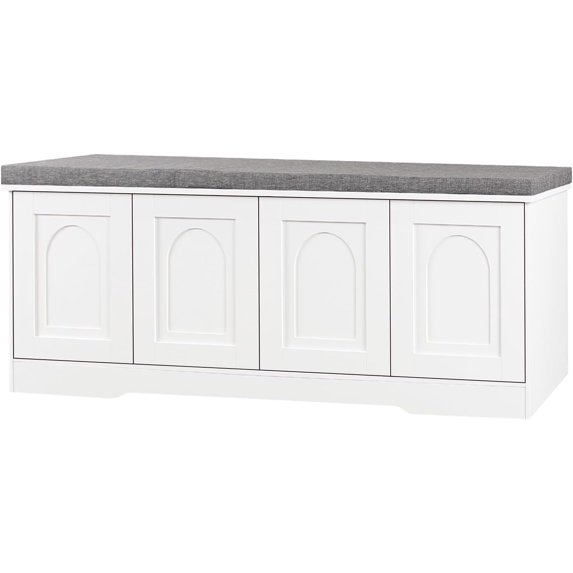 Shoe Bench, Entryway Storage Bench with Doors, Cushion, 2-Tier Shoe Rack with 8-Cubby, 47.2”L x 13.8”W Shoe Organizer Cabinet, Adjustable Shelf, Living Room, Bedroom, White