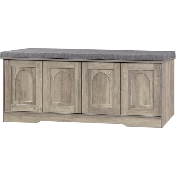 Shoe Bench, Entryway Storage Bench with Doors, Cushion, 2-Tier Shoe Rack with 8-Cubby, 47.2”L x 13.8”W Shoe Organizer Cabinet, Adjustable Shelf, Living Room, Bedroom, Gray Wash