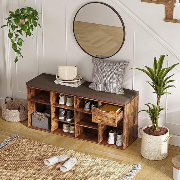 Shoe Bench, Entryway Storage Bench with Drawer and 11 Cubbies, Cubby Shoe Rack with Adjustable Shelves, Shoe Organizer Cabinet for Living Room, Mudroom, Closet and Garage, Rustic Brown