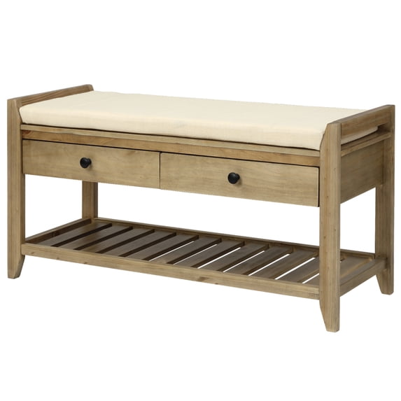 Shoe Bench, Entryway Storage Bench with Cushion Seating and Storage Drawers, Wood Shoe Bench with Bottom Shelf