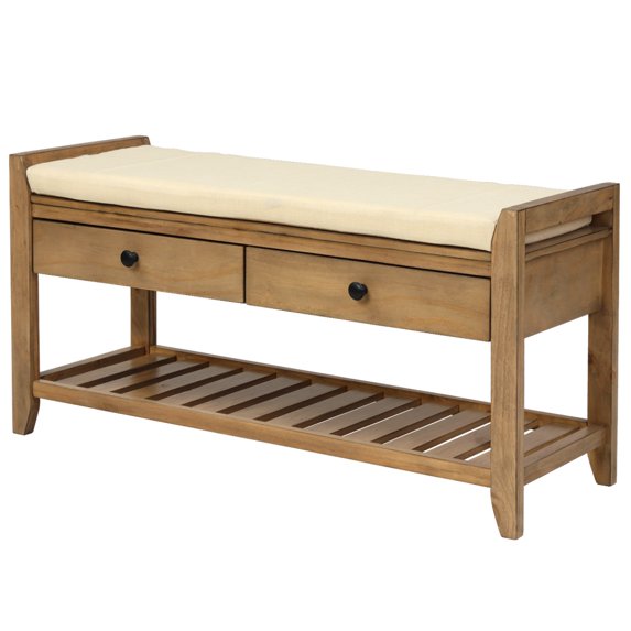 Shoe Bench, Entryway Storage Bench with Cushion Seating and Storage Drawers, Wood Shoe Bench with Bottom Shelf