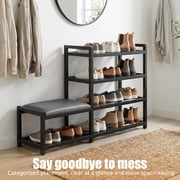 Shoe Bench With A Four-tier Shoe Rack; Features An Integrated Shoe Rack And Bench Design With A Metal Frame; Ideal For Hallways, Living Rooms, And Entryways