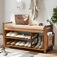 thumbnail image 1 of Shoe Bench with Hidden Drawer and Side Holder, 2 Tier Entryway Bench with Storage 39.4 in, Bamboo Shoe Rack with Cushion for Entryway Hallway Living Room Bedroom, 1 of 10