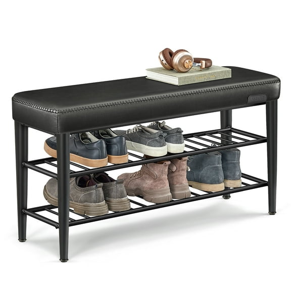 Shoe Bench, Ink Black, Synthetic Leather, Mid-Century Modern, 300 lb Capacity, 11.8" x 39.4" x 19.7", Entryway Storage.