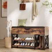 Shoe Bench, Lift Top Shoe Storage Bench, Adjustable Shelf Entryway Bench, Metal and Wood Shoe Rack Organizer with Cushion for Entry, Bedroom, Closet, Living Room, Hallway Brown, 35.5 W