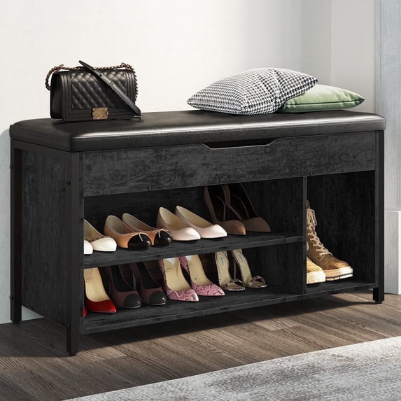 Shoe Bench, Lift Top Shoe Storage Bench, Adjustable Shelf Entryway Bench, Metal and Wood Shoe Rack Organizer with Cushion for Entry, Bedroom, Closet, Living Room, Hallway (Black, 39.5“W)