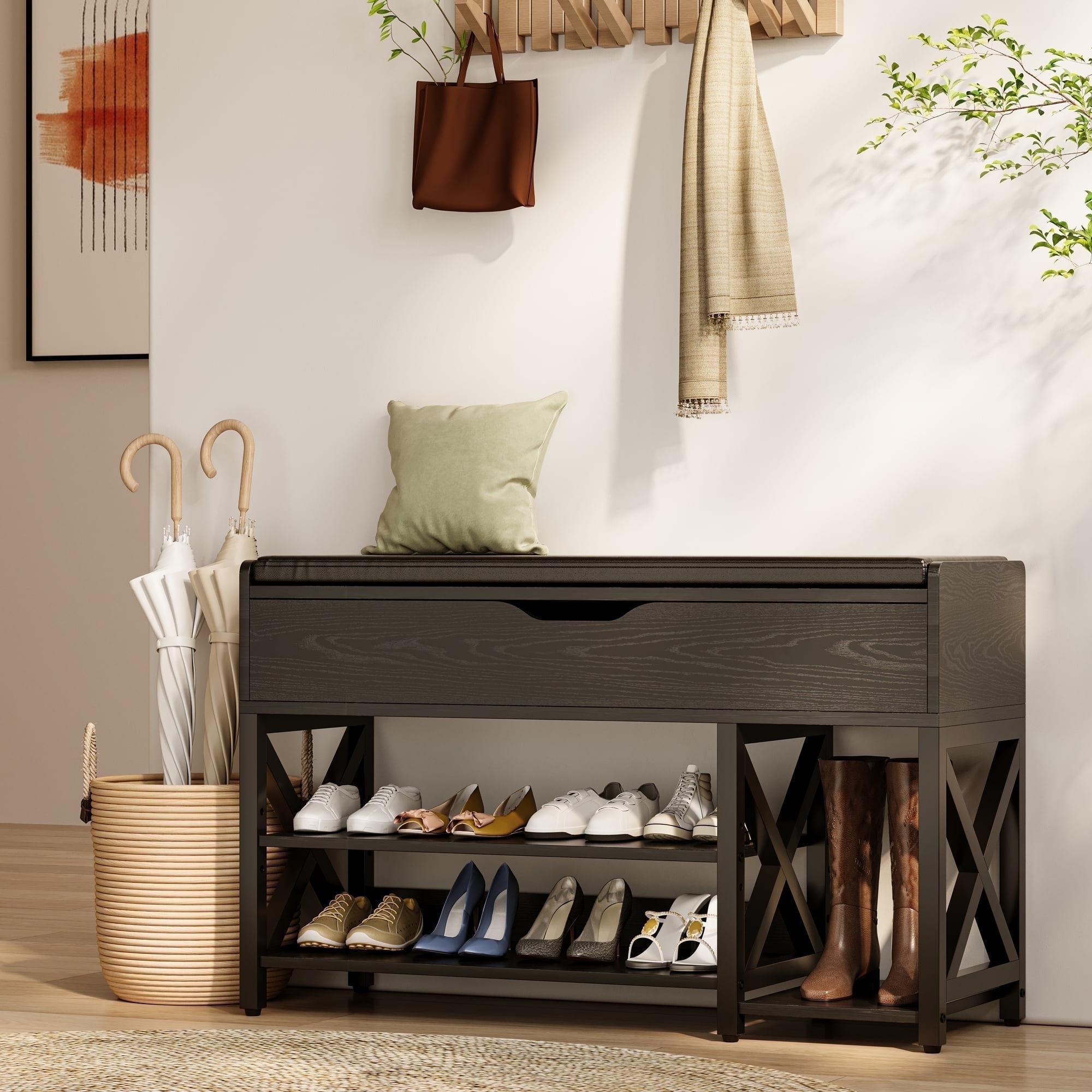 Shoe Bench, Lift Top Shoe Storage Bench, Adjustable Shelf Entryway Bench, Metal and Wood Shoe Rack Organizer with Cushion for Entry, Bedroom, Closet, Living Room, Hallway (Black, 39.5“W)