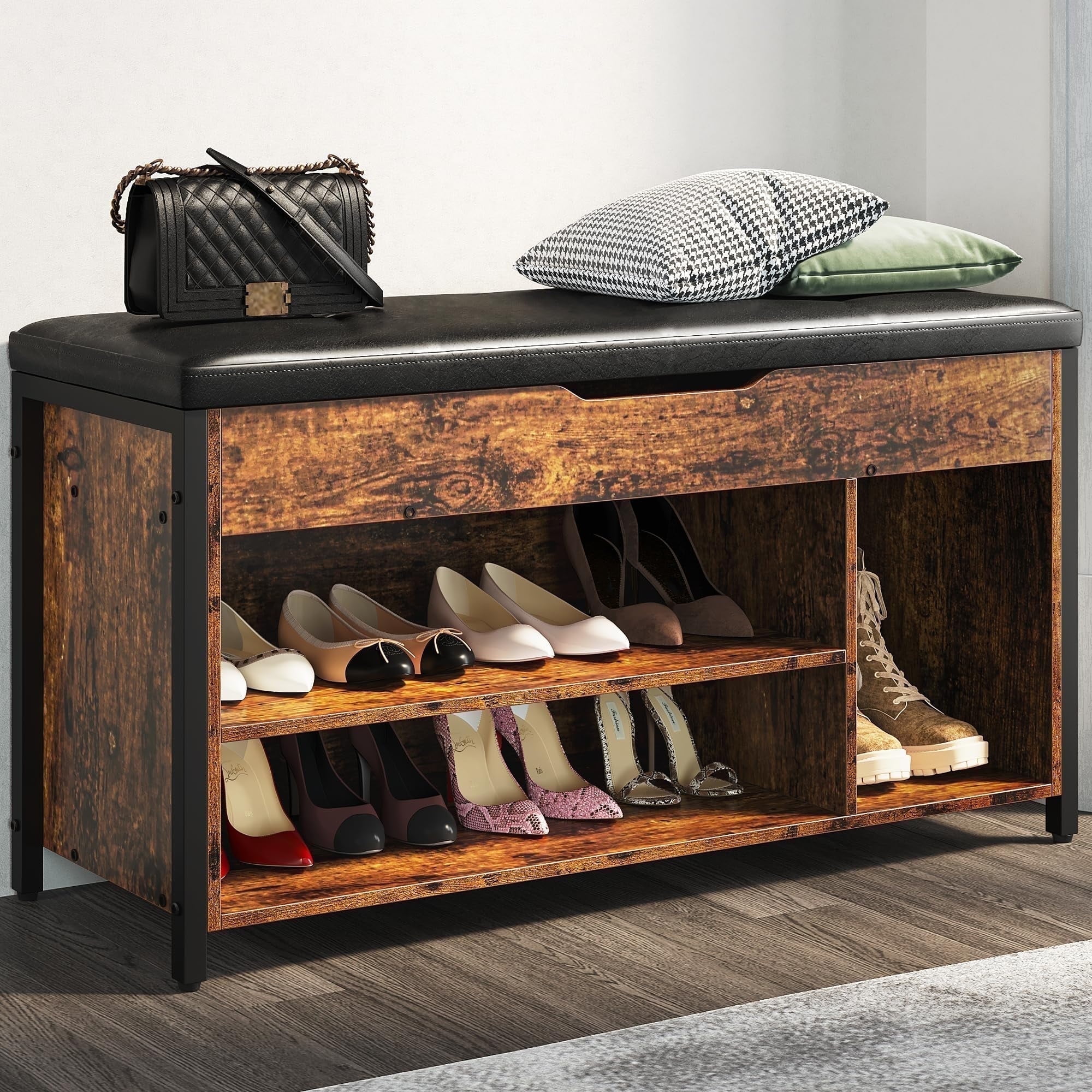 Shoe Bench, Lift Top Shoe Storage Bench, Adjustable Shelf Entryway ...