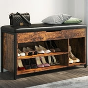 Shoe Bench, Lift Top Shoe Storage Bench, Adjustable Shelf Entryway Bench, Metal and Wood Shoe Rack Organizer with Cushion for Entry, Bedroom, Closet, Living Room, Hallway Brown, 35.5 W