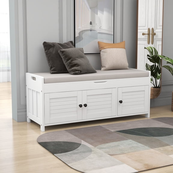 Shoe Bench with Lift Top Storage and 3 Shutter-shaped Doors, Entryway Storage Bench with Removable Cushion, Wooden Shoe Cabinet Bench with Hidden Storage Space for Living Room, Bedroom, Hallway, White