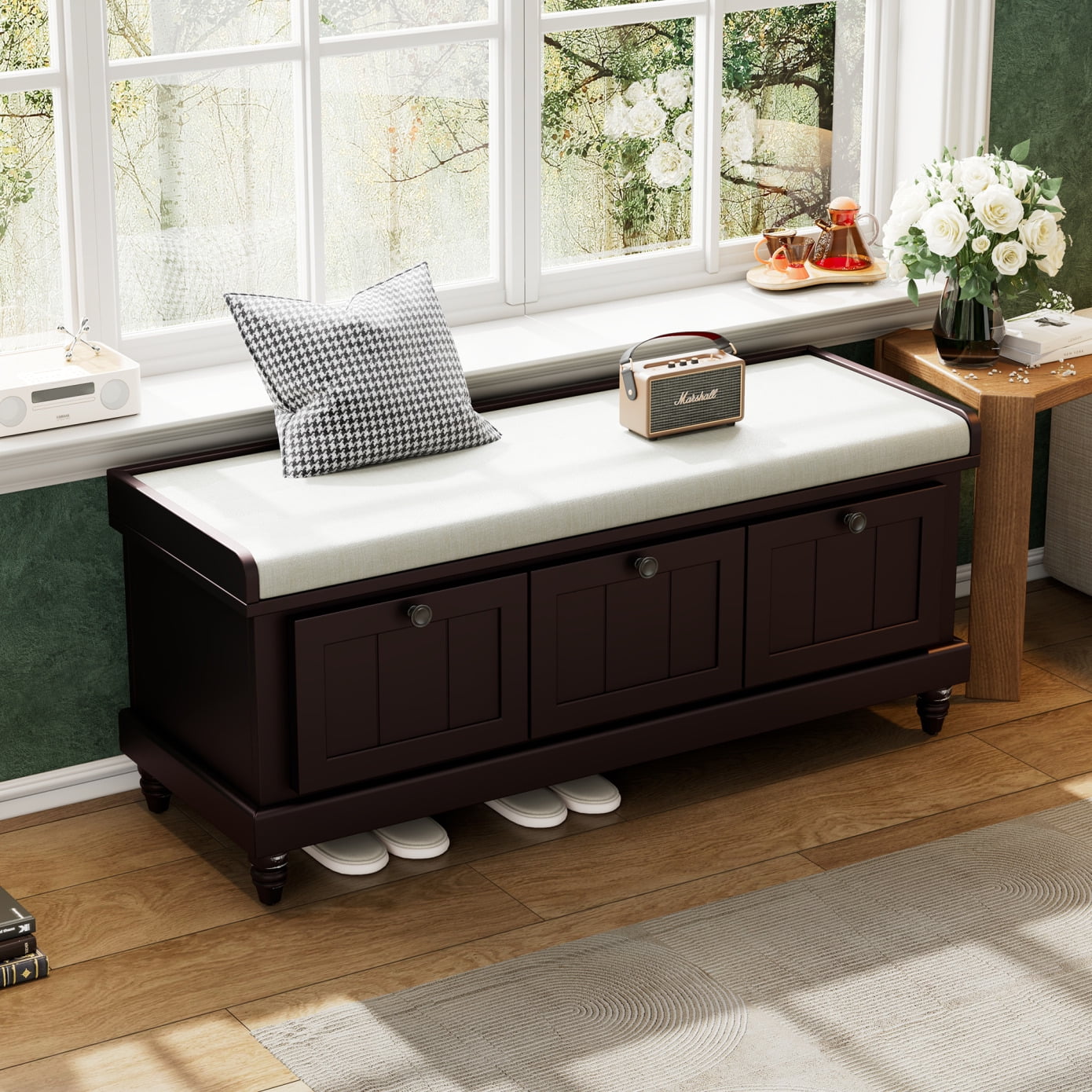 Storage Bench with Cushioned Seat and Three Drawers, Classic Entryway ...