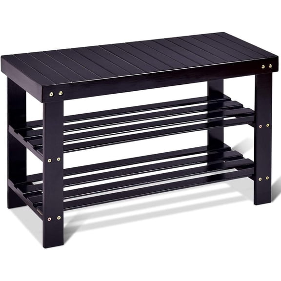 Shoe Bench Rack, 2-tier Bamboo Seat Storage Shelf, Free Standing Shoe Storage Bench with Stylish and Modern Design, Shoe Organizer for Dcor Entryway, Hallway, Living Room, Bathroom (Black)