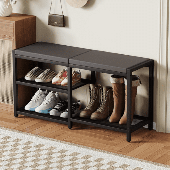 Shoe Bench & Rack Storage Bench - Entryway Bench with Seat Cushion, Stable Organizer for Entryway & Living Room, Holds Up to 300 lb, (35" L x 12" W x 17" H, Black)