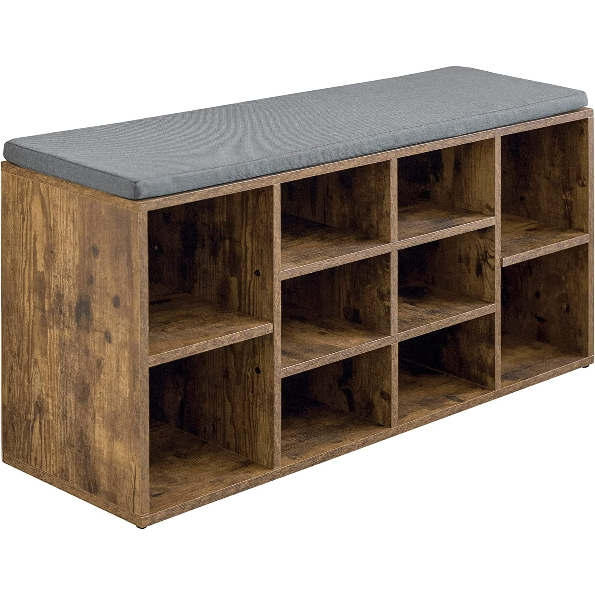 Rustic Brown Particleboard Shoe Storage Bench with Gray Cushion