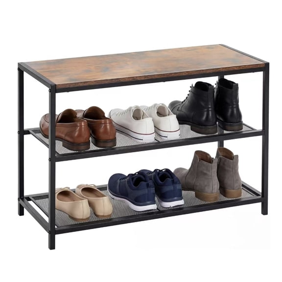 Shoe Bench with Storage, 3-Tier Industrial Entryway Shoe Rack Organizer Bench with Mesh Shelves for Hallway Living Room, Sturdy Seating Bench with 220LBS Capacity, Brown and Black
