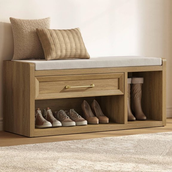Shoe Bench with Storage, 43.3" Extra Wide Farmhouse Entryway Bench with Cushion, Drawer & Tall Boot Shelf, 18.9" Comfort Height Seat, Large Storage Bench for Bedroom Hallway Mudroom,Brown Oak