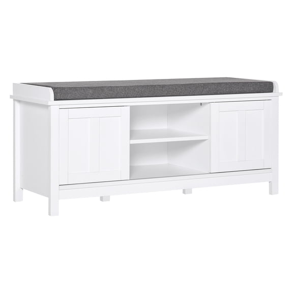 Shoe Bench Storage Ottoman - Entryway Shoe Rack with Sliding Doors, 6 Compartments, Adjustable Shelves, Padded Seat - White
