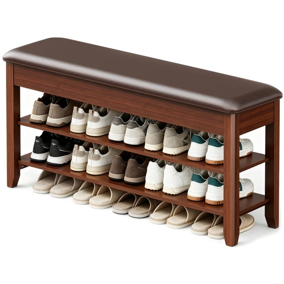Shoe Bench with Storage, Solid Rubberwood Shoe Rack Bench for Entryway, Adjustable 6.3" Shelf Fits High-Top Shoes & Boots, Hidden Storage Compartment, Cushion Seat, Stay-Open Hinge, Walnut