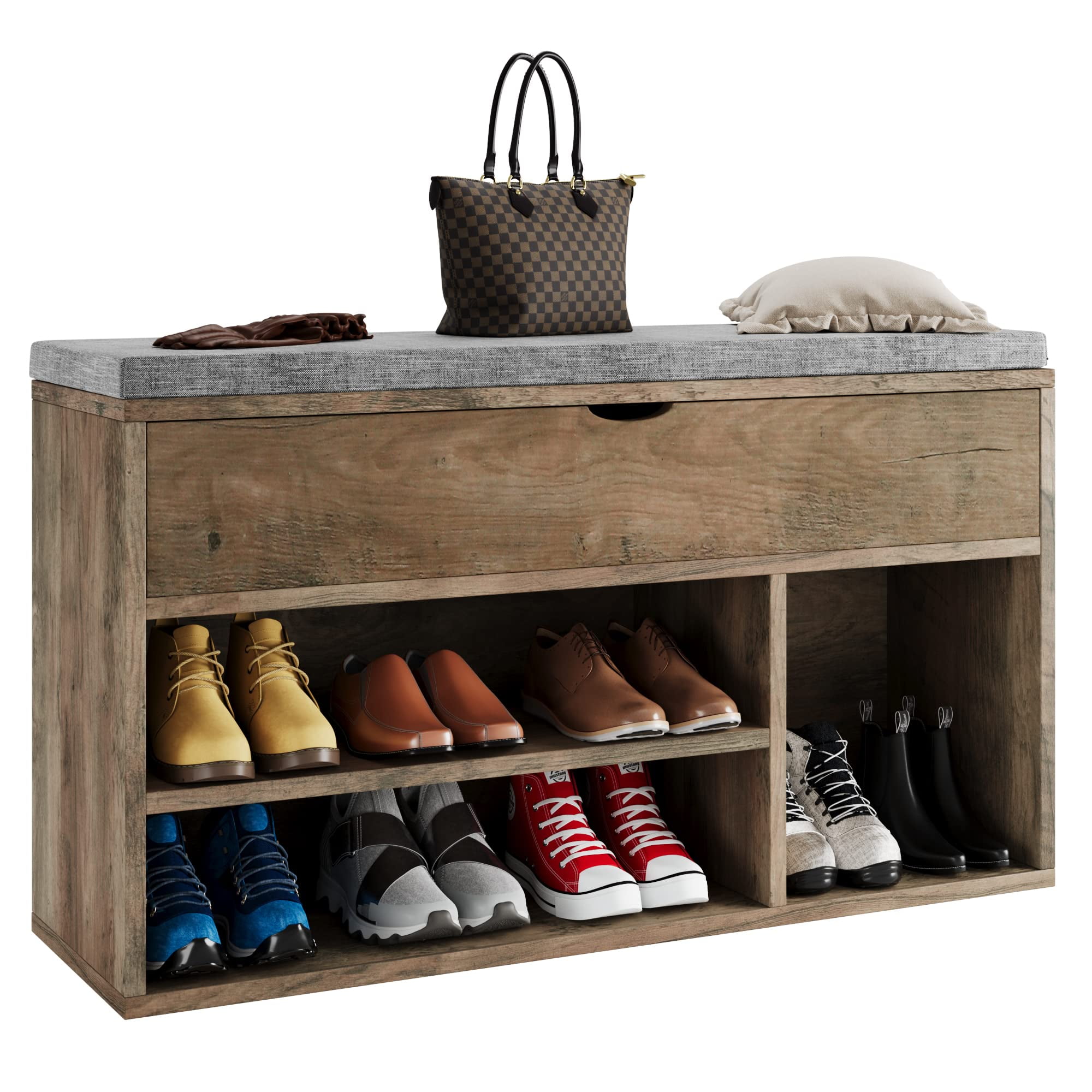 Shoe Bench for Entryway with Seat Cushion, Wooden Storage Bench ...