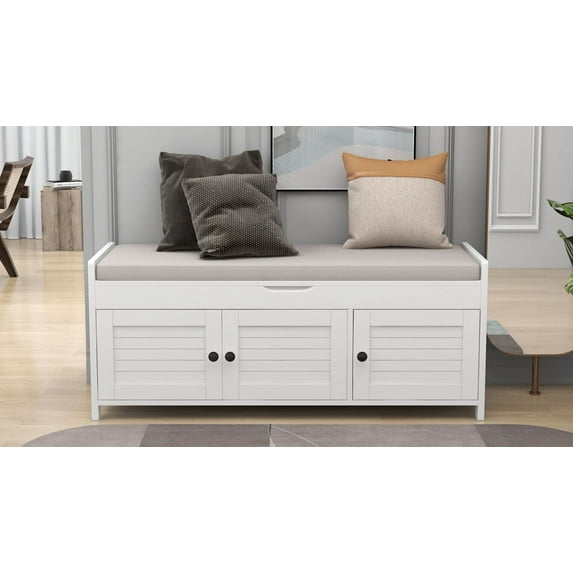 Shoe Bench with 3 Cabinets and Hidden Storage Space, Storage Bench with Removable Back and Seat Cushion for Hallway, Bedroom, White