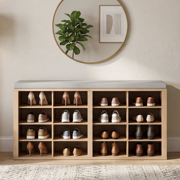 Shoe Bench with Cushion, Entryway Storage Bench with 16 Cubbies, 9.5" Widened Shoes Rack Benchs, Shoe Cubby Rack for Living Room, Bedroom, Entryway