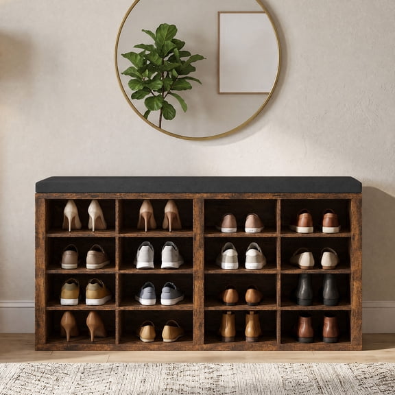 Shoe Bench with Cushion, Entryway Storage Bench with 16 Cubbies, 9.5" Widened Shoes Rack Benchs, Shoe Cubby Rack for Living Room, Bedroom, Entryway