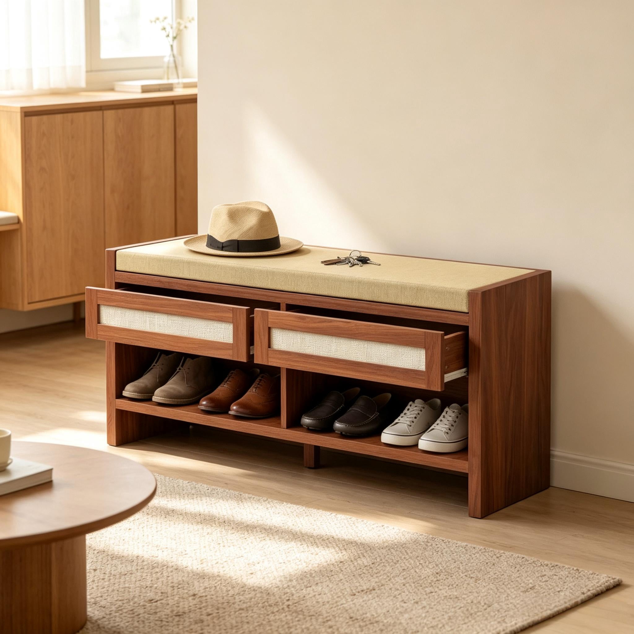 Shoe Bench with Cushioned Seat, 2 Rattan Drawers and Open Storage Shelf