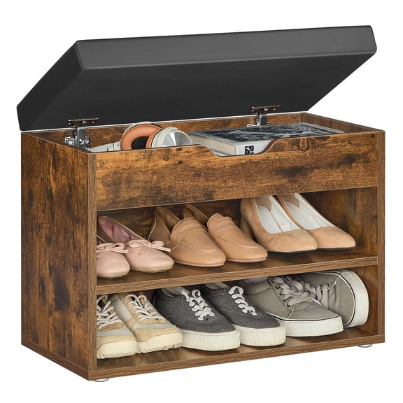 Shoe Bench with Cushioned Seat and 3 Storage Compartments, Sturdy Entryway Organizer, 11.8 x 23.6 x 17.3 Inches, Rustic Brown