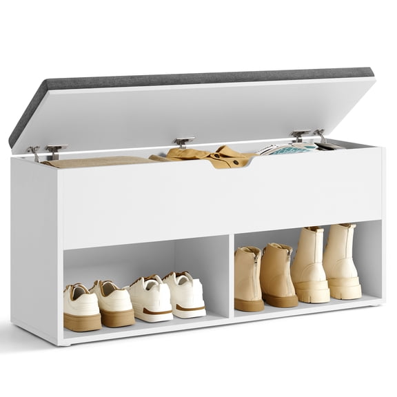 Cushioned Shoe Bench, 2 Open & 1 Hidden Compartments, White & Gray, Entryway Storage Bench