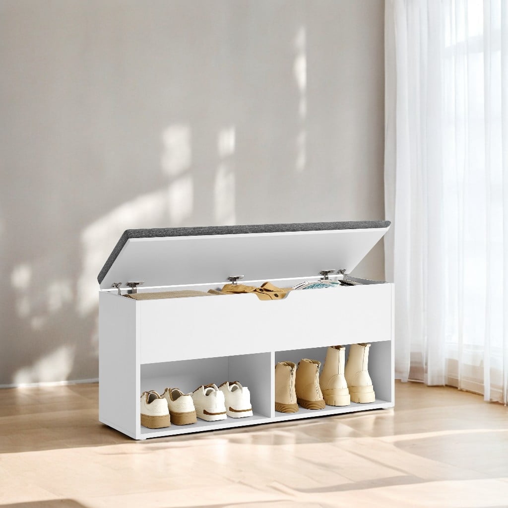 Pipishell 2-Tier Storage Bench With Cushion - Farmhouse Shoe Bench, 3 Doors, Adjustable Shelf, 16"x43"x18", 300 Lb Capacity, White