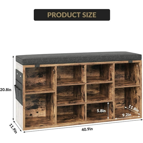 Shoe Bench with Padded Seat, 10-Cube Storage, Adjustable Shelves & Side Pockets, Entryway Organizer, 41", Brown