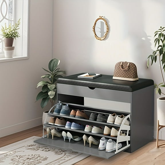 Shoe Bench with Seat Cushion & Storage | 3-Tier Flip-Up Drawer Organizer | Entryway Storage Cabinet for Shoes & Home Organization