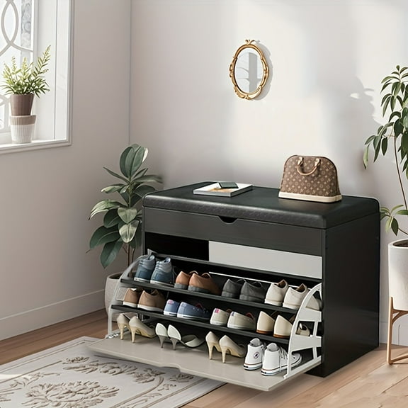 Shoe Bench with Seat Cushion & Storage | 3-Tier Flip-Up Drawer Organizer | Entryway Storage Cabinet for Shoes & Home Organization