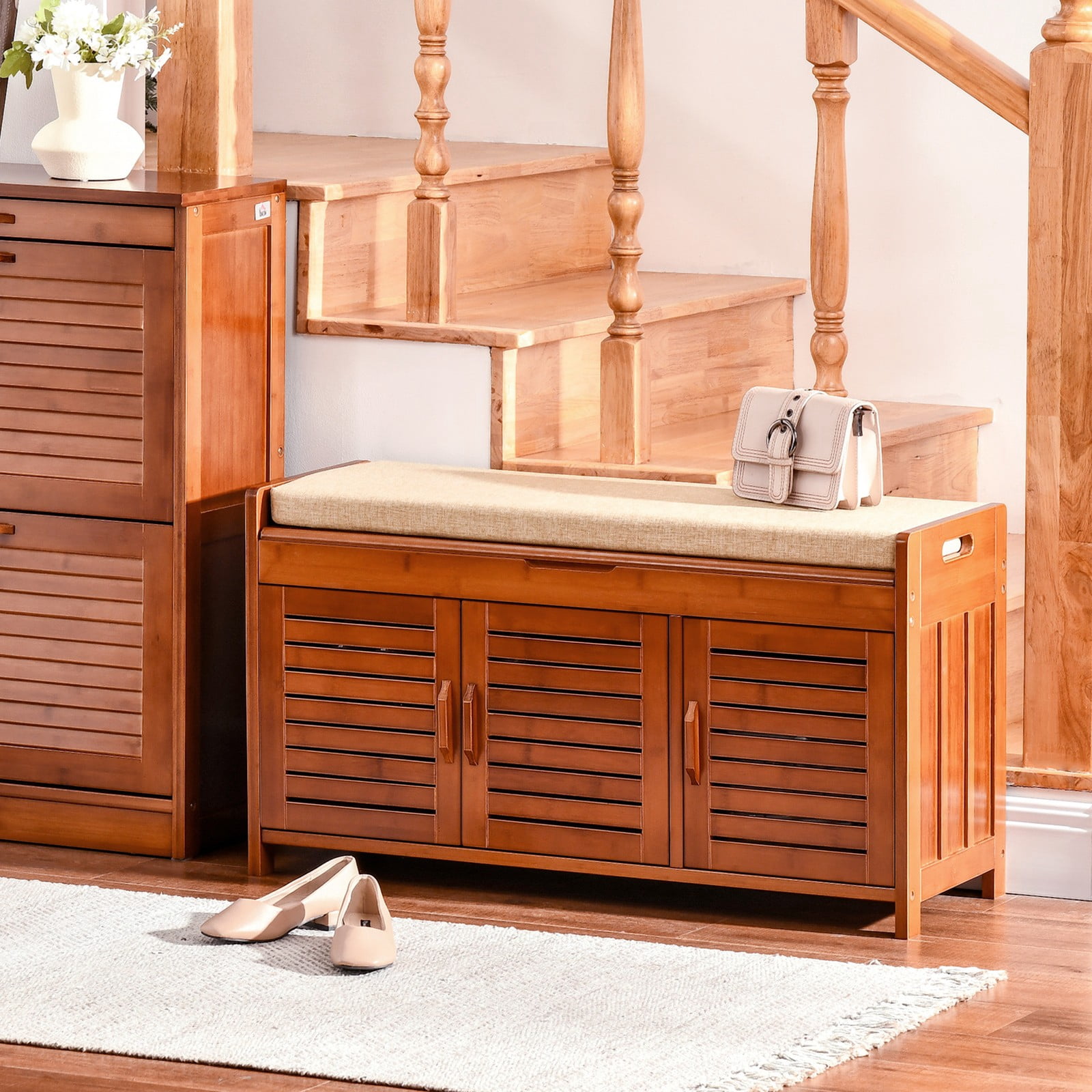 Shoe Bench with Storage Cabinets, Entryway Bench with Cushion and