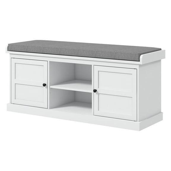 Shoe Bench with Storage, White Entryway Bench with 2 Cabinets & Cushion