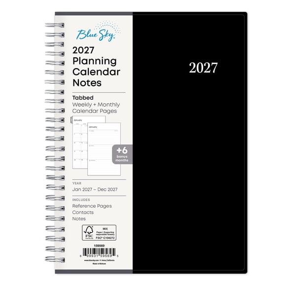 Blue Sky 2027 Weekly and Monthly Planner Calendar Notes, Includes January 2027 - December 2027, 5.875" x 8.625", Flexible Cover, Wirebound, 30 Extra Notes Sheets, Laminated Tabs, Enterprise