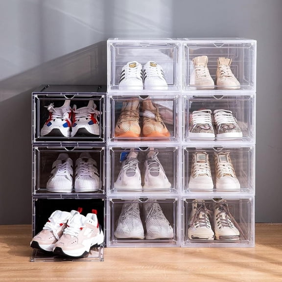 Shoe Box Organizer,Set of 6,Stackable Plastic Shoe Box with Clear Door, Shoe Storage Box Containers,For Display Sneakers,Easy Assembly,Fit up to US Size 12(13.4x 10.6x 7.4)