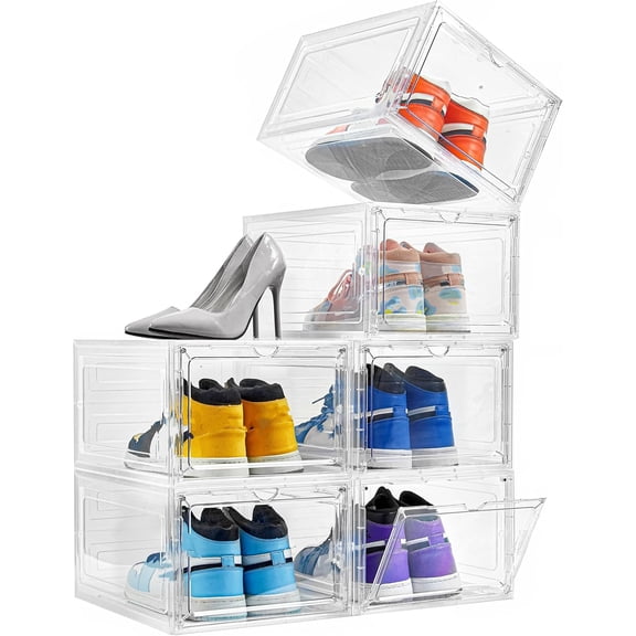 Shoe Box Organizer,Set of 6,Stackable Plastic Shoe Box with Clear Door, Shoe Storage Box Containers,For Display Sneakers,Easy Assembly,Fit up to US Size 12(13.4x 10.6x 7.4)