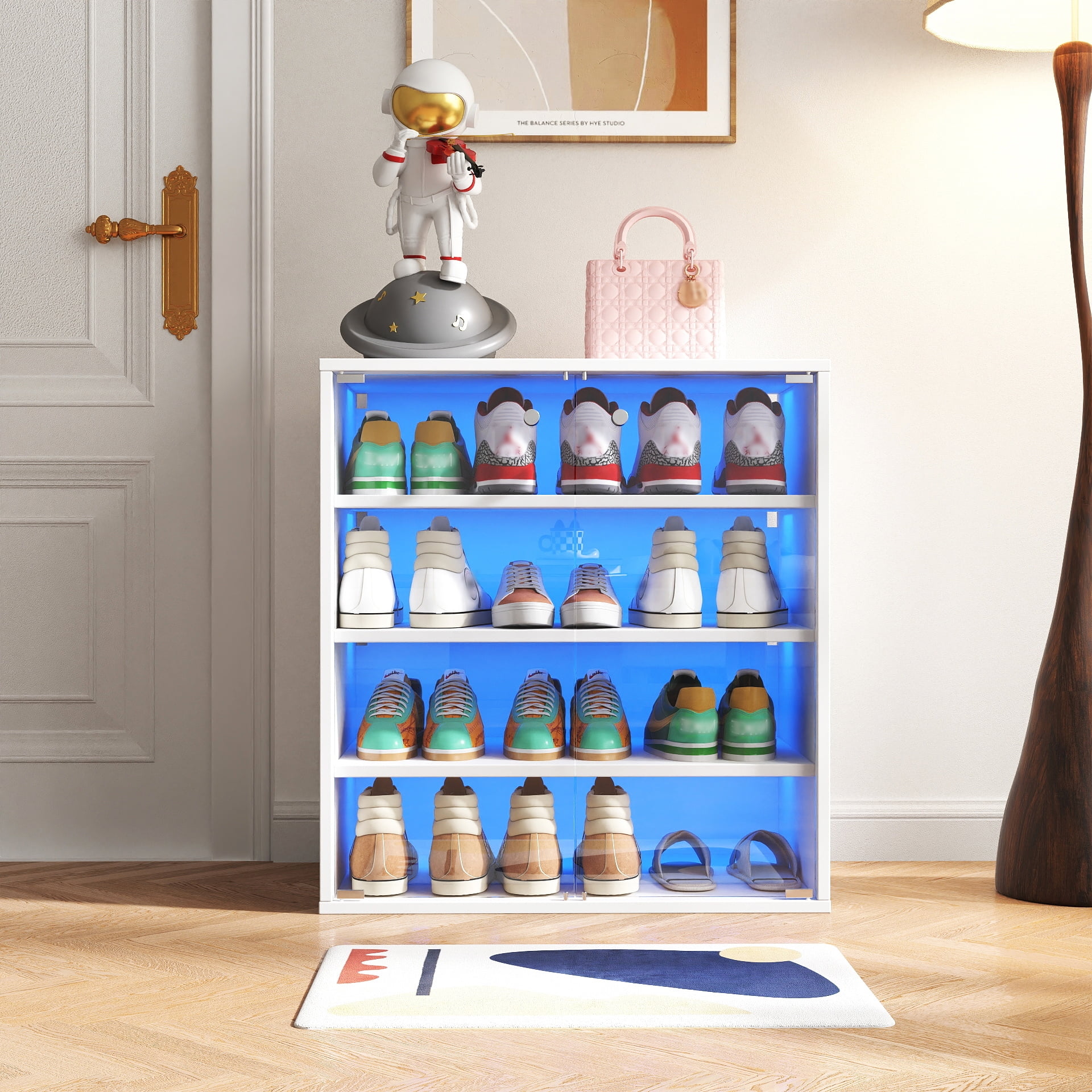 Shoe Box Storage with RGB LED Light Wooden Stackable Display Case, Clear