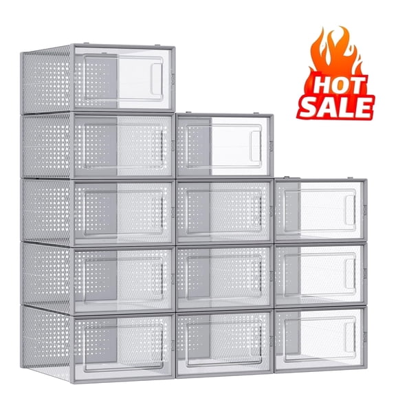 Shoe Boxes 12 Pack Shoe Organizer,Stackable Transparent Plastic Shoe Box for Closet Fit up to US Size 11 Transparent and Gray