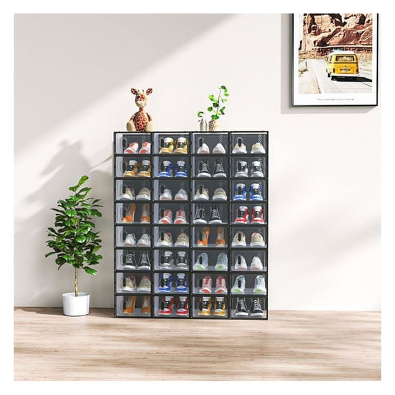 Shoe Boxes, 32 Pack Clear Plastic Shoe Storage Boxes with Lids, Stackable Organizer Containers for Men Women, 13.39x8.66x5.12 Inch, Black