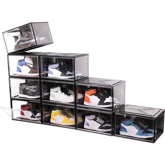 Shoe Boxes Clear Plastic Stackable 10 Pack Sneaker Storage Boxes with Magnetic Door, Acrylic Display Case, Strong and Sturdy Fit Shoe Size Up to US 15