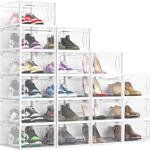 Shoe Boxes Clear Plastic Stackable 18 Pack Premium Shoe Organizer Storage for Closet Foldable Shoe Rack Containers Sneaker Display Case Holder Shoe Bin for Entryway Drawers Christmas Gifts