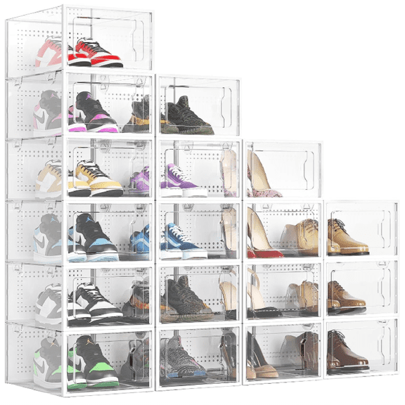 Shoe Boxes Clear Plastic Stackable 18 Pack Premium Shoe Organizer Storage for Closet Foldable Shoe Rack Containers Sneaker Display Case Holder Shoe Bin for Entryway Drawers Christmas Gifts