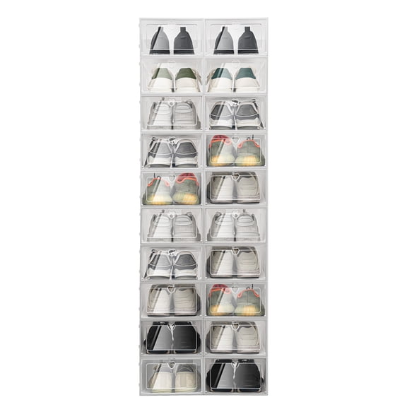 Shoe Boxes, Clear Plastic Stackable 20 Pack, Shoe Storage Organizer with Transparent Lids & Side Flap, White
