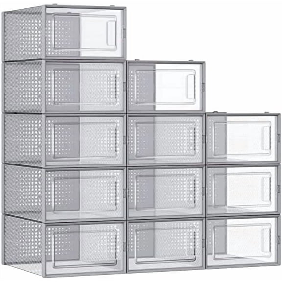 Shoe Boxes, Pack of 12 Shoe Storage Organizers, Stackable Clear Plastic Boxes for Closet, Sneakers, 13.1 x 9.1 x 5.6 Inches, Transparent and Gray ULSP006G12