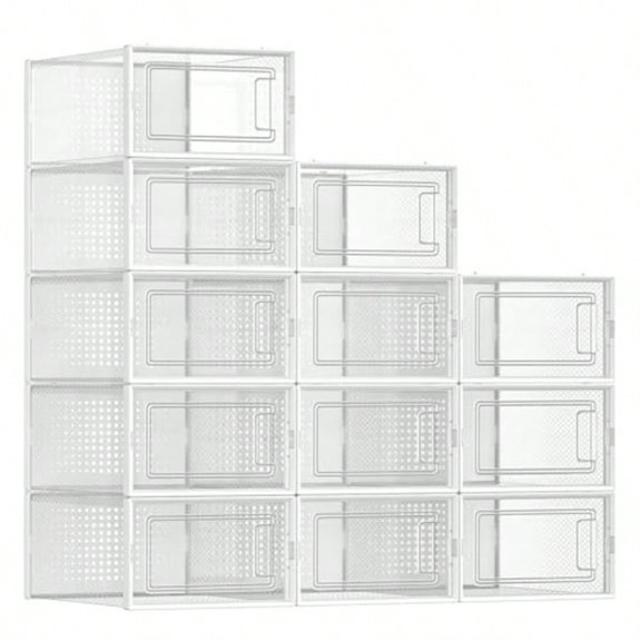 Shoe Boxes Pack of 12 Shoe Storage Organizers Stackable Clear Plastic Boxes for Closet Sneakers 13.1 x 9.1 x 5.6 Inches Transparent and White ULSP12SWT