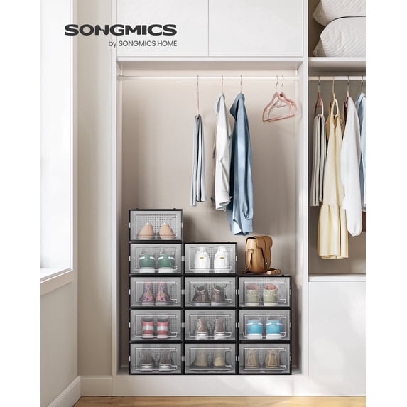 SONGMICS Shoe Boxes, Pack of 12 Shoe Storage Organizers, Stackable Clear Plastic Boxes for Closet, Sneakers, 13.1 x 9.1 x 5.6 Inches, Transparent and Black